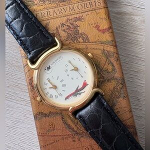 Vtg Northwest Airlines Watch Unisex 31mm Gold Tone Dual Time Leather New Battery